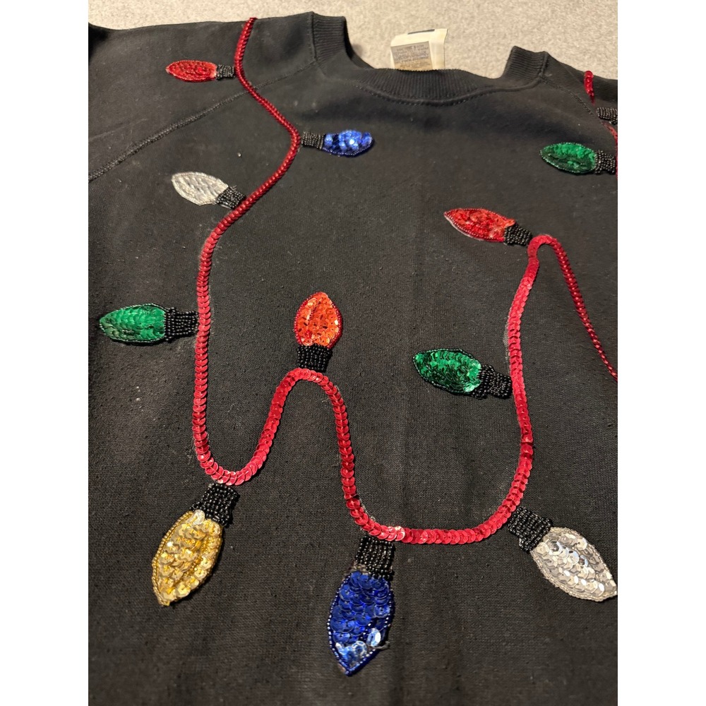 Vintage Lee Christmas Lights Sequin Beaded Sweatshirt Black 2XLT Made in USA - Picture 8 of 10